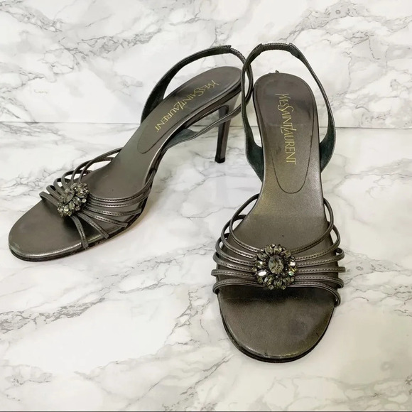 Yves Saint Laurent Grey Silver Leather Crystal Embellishment Heels Size 8 - Picture 1 of 9
